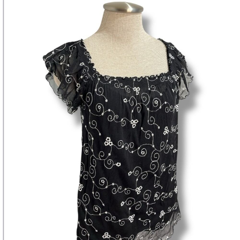 Y2K Babydoll Embroidered Top Women's Size S Ruffle Cap Sleeve Whimsical Fairy